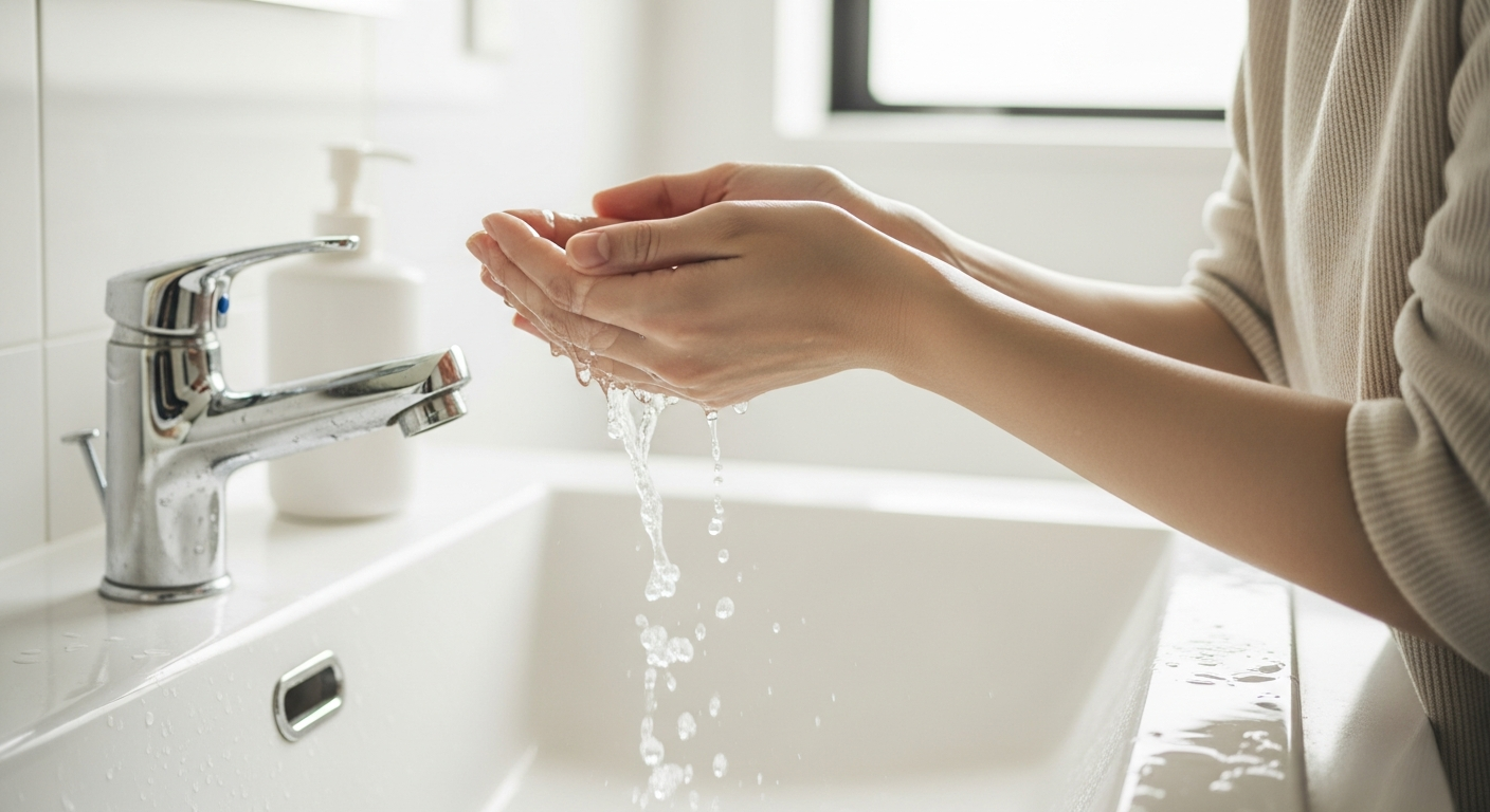 洗顔で水をすくう手元