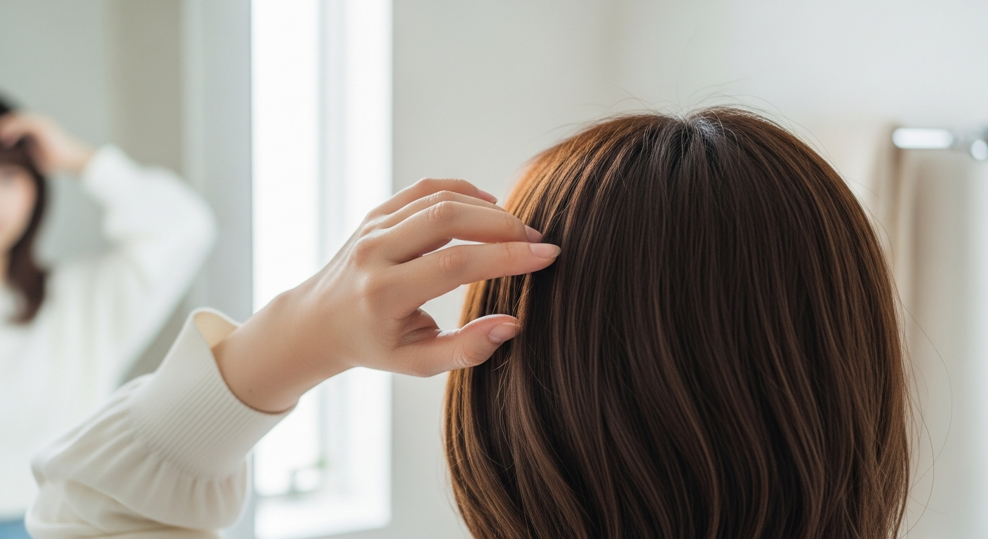 前髪を整える手元