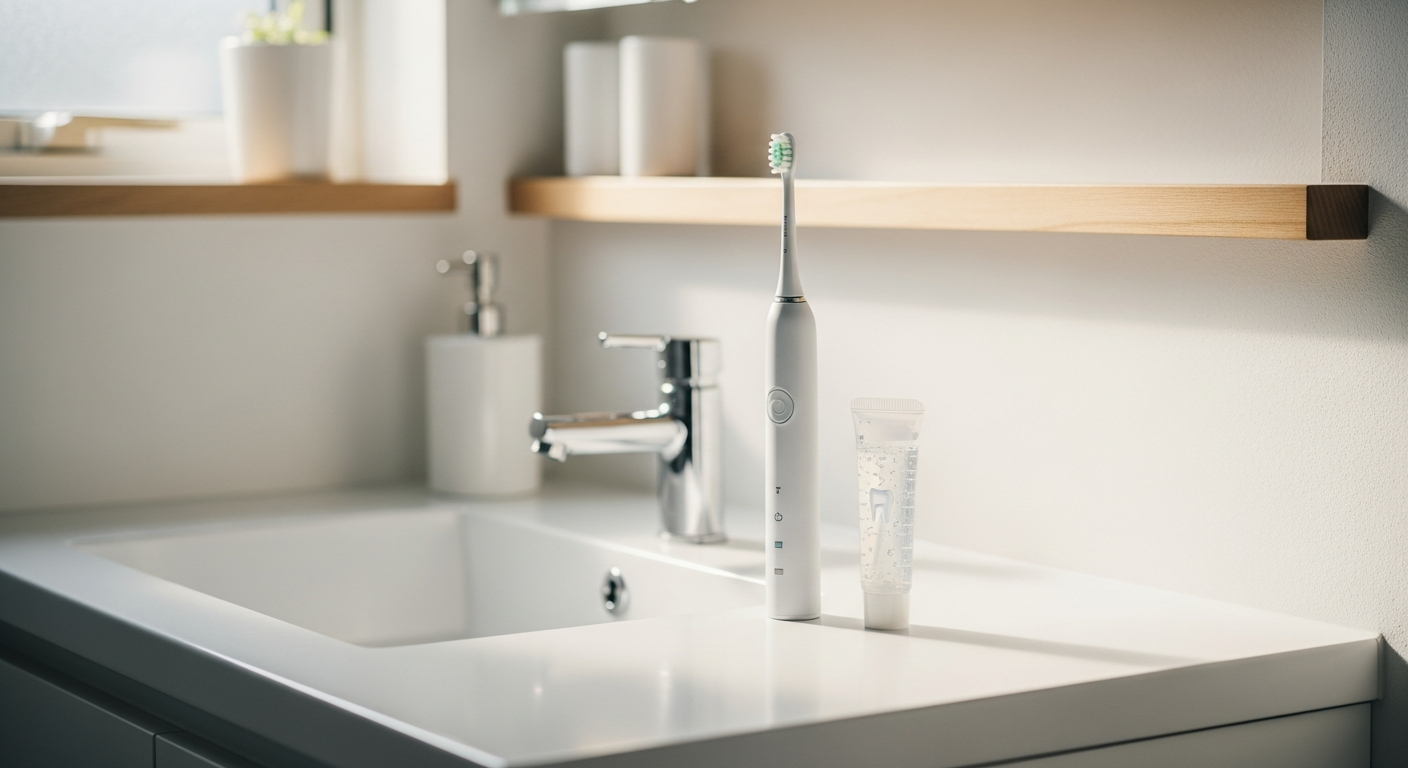 電動歯ブラシとジェルが置かれた洗面台