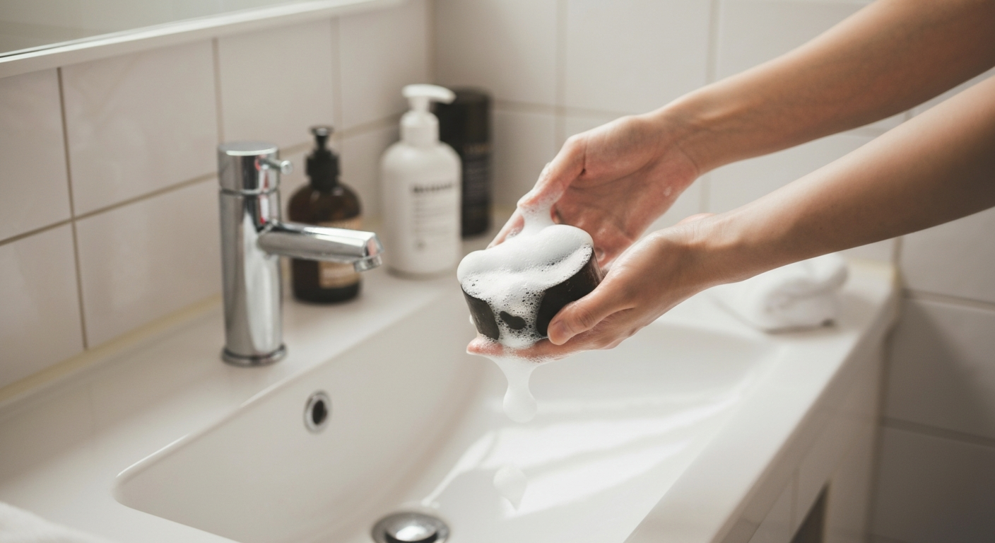 柿渋石鹸で手を洗うシーン