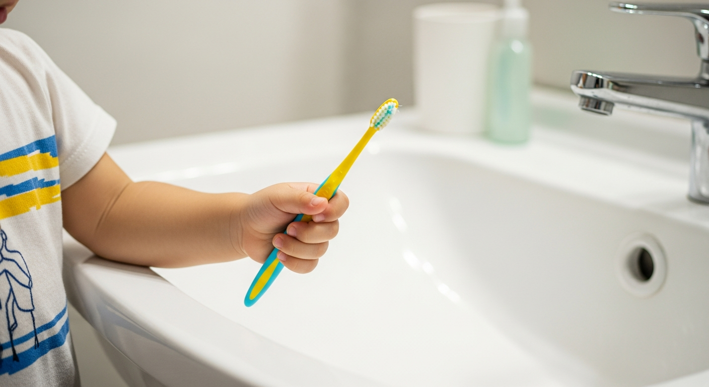 子どもの手が歯ブラシを持つシーン