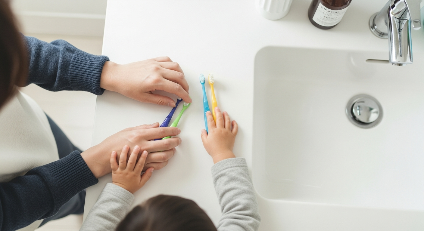 親子で歯ブラシを選ぶ手元