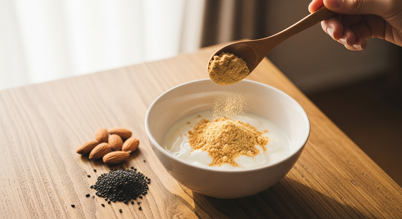 ヨーグルトにきな粉をかけている朝食シーン