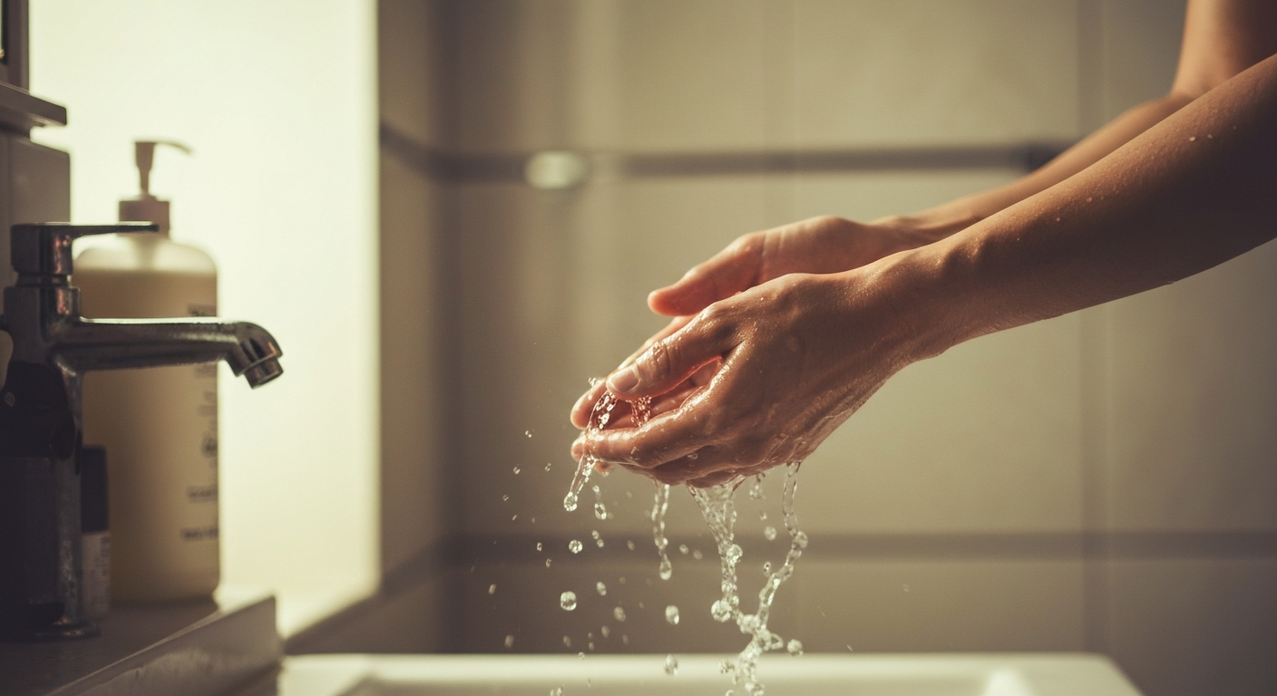 洗顔で水をすくう手元