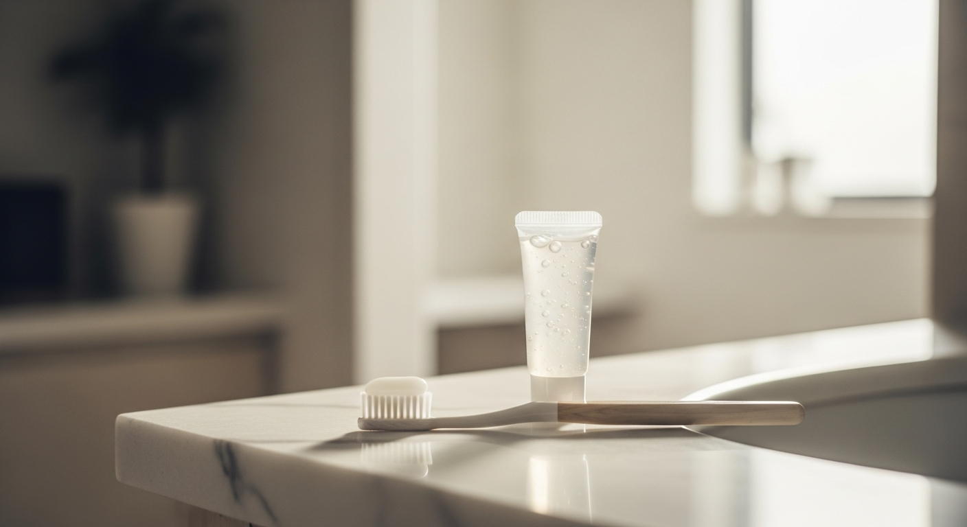 歯ブラシとジェルが置かれた洗面台