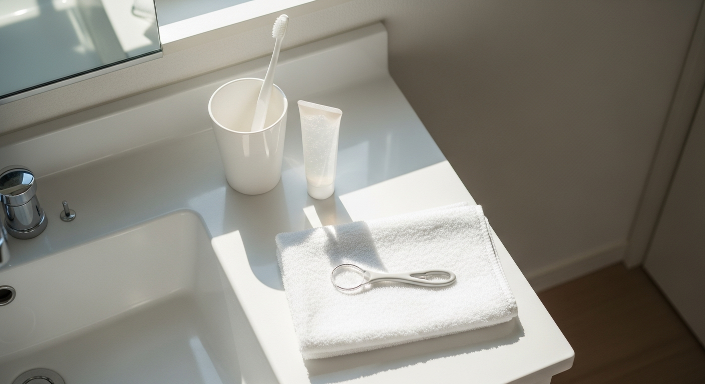 舌ケア用品が置かれた清潔な洗面台