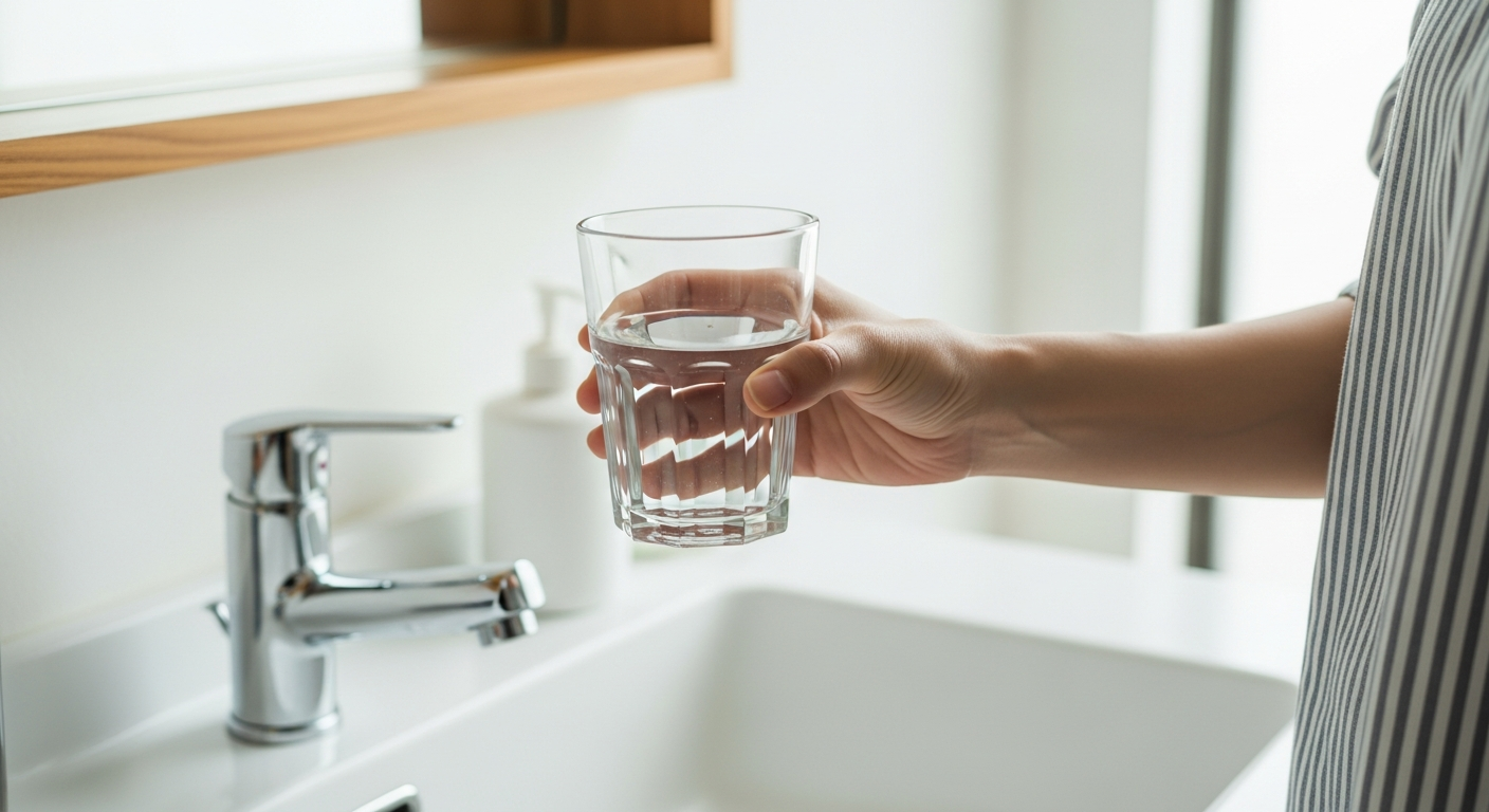 歯磨き後にコップの水を持つ手元