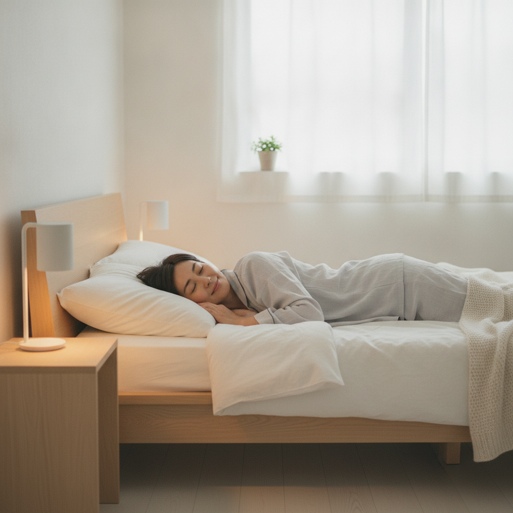 就寝前に鼻呼吸でリラックスする様子