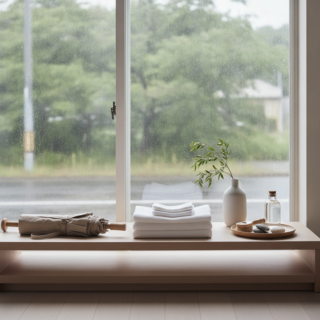 梅雨の窓辺と備えの日用品のイメージ