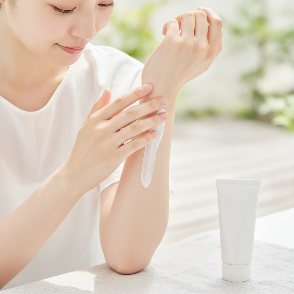 日焼け止めを腕に塗る夏のスキンケアの手元