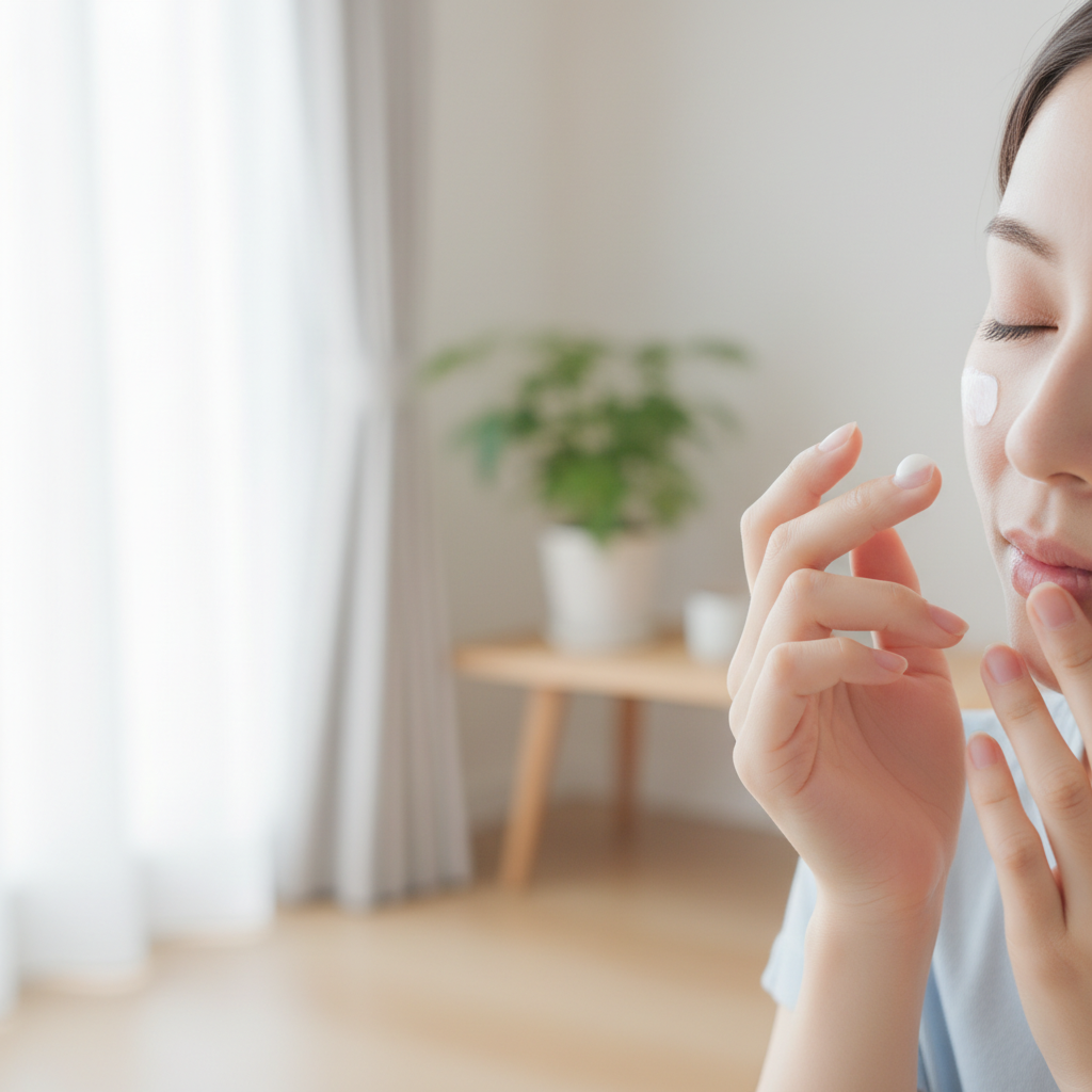 クリームを指先にとってなじませるスキンケア