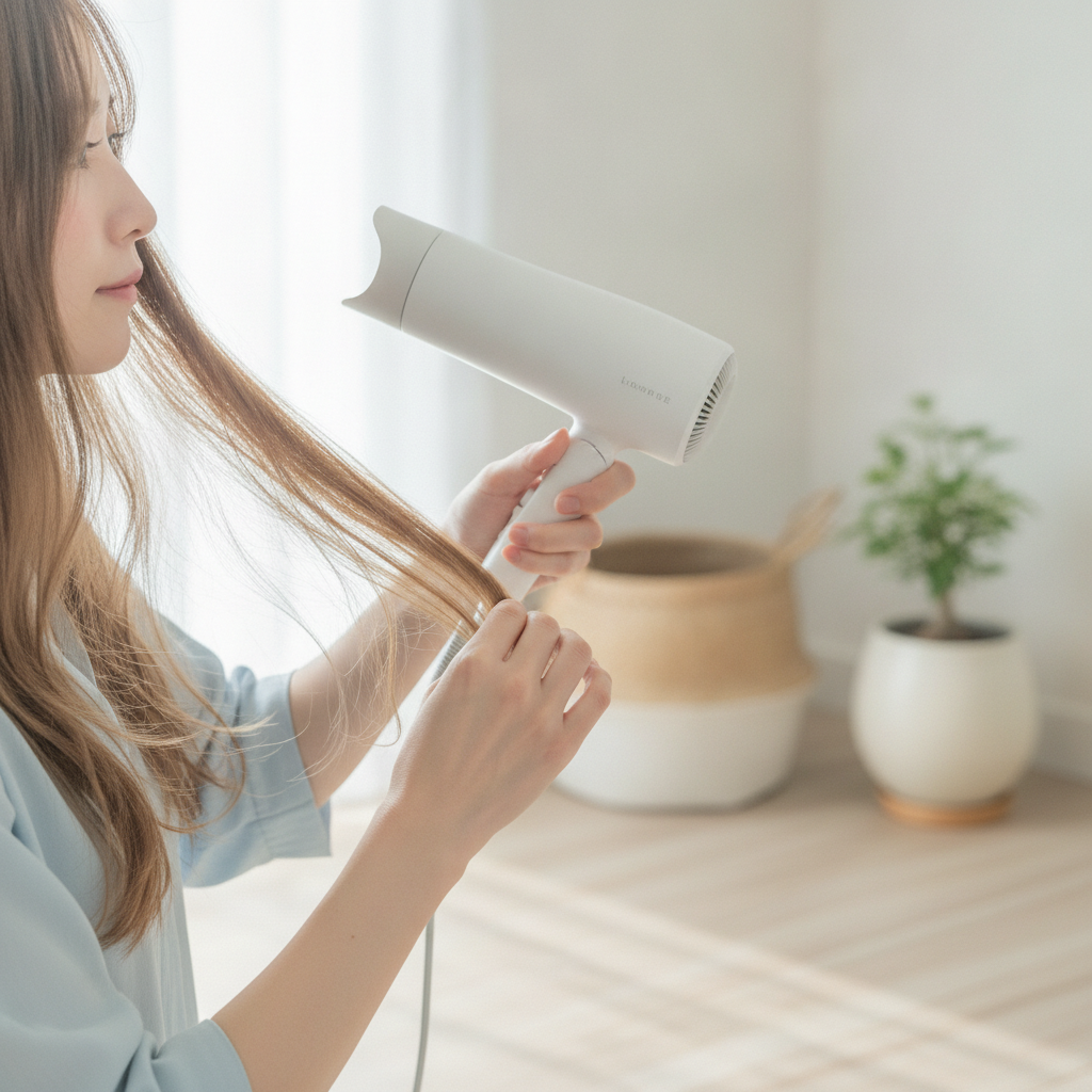 髪を根元から乾かす・まとめるケアの手元