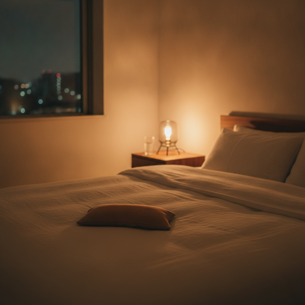 寝る前を心地よく整える夜の寝室のイメージ