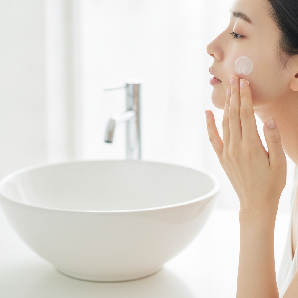 化粧水やクリームを手のひらで温めてから肌になじませるスキンケアの手元