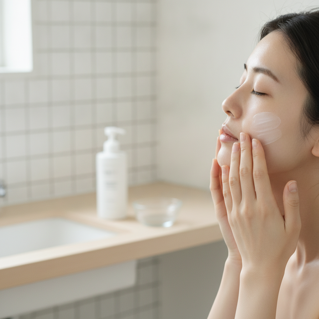 ゆらぎやすい時期の肌をやさしく鎮めるように整えるスキンケアの手元
