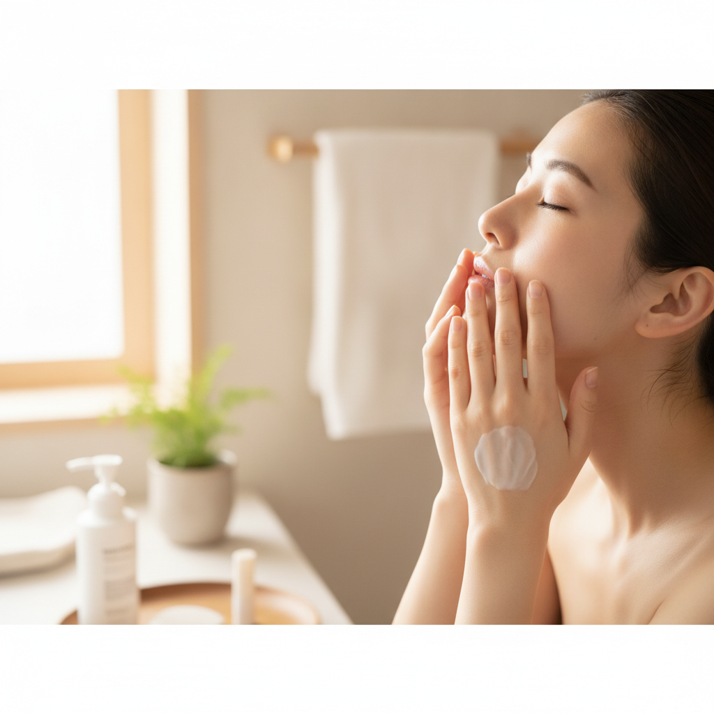 冬の乾燥ケアで顔・手・唇に順番にうるおいをなじませる手元