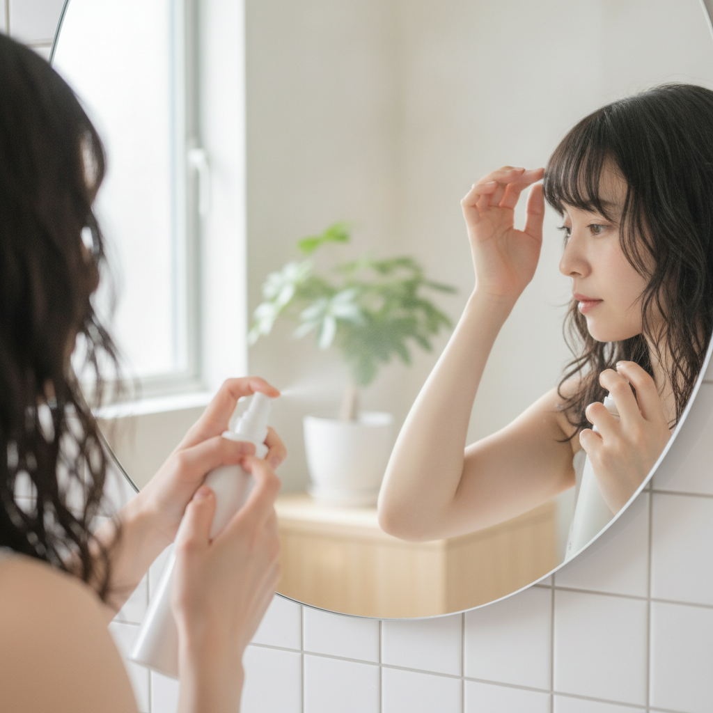 鏡の前でスタイリング剤を使って髪を整える手元〜横顔。明るい洗面台で前髪を整える