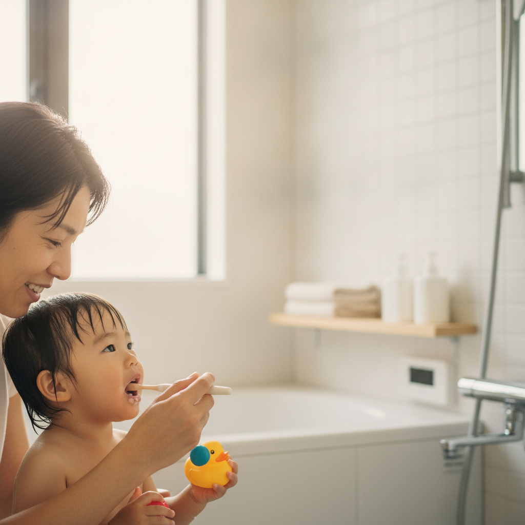 子どもの歯みがきやお風呂を、親が笑顔で見守りながら手伝う毎日のひとコマ