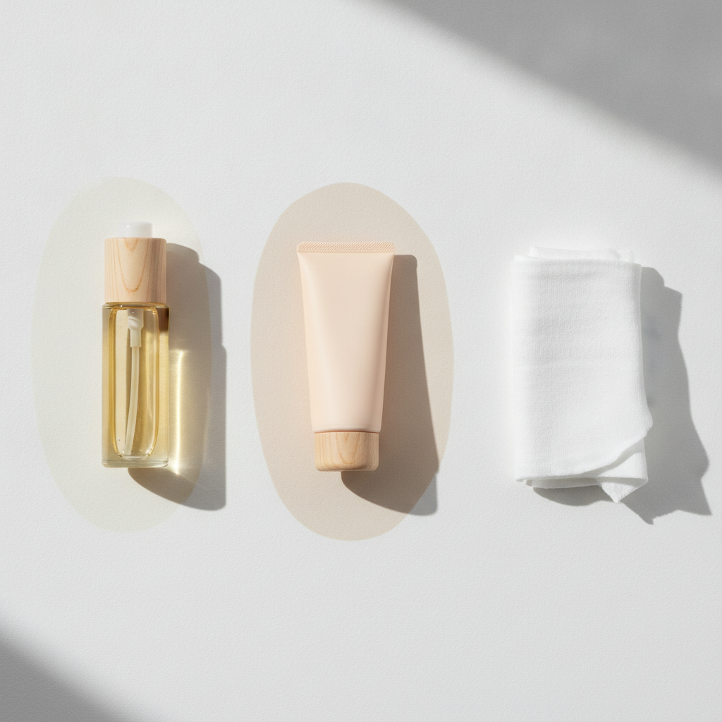 オイル＝しっかり落とす／ミルク＝やさしく落とす／シート＝外出先のお直し、の3剤形を対比的に表したイメージ