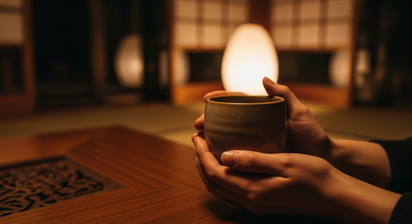 夜、湯のみを手にひと息つく手元