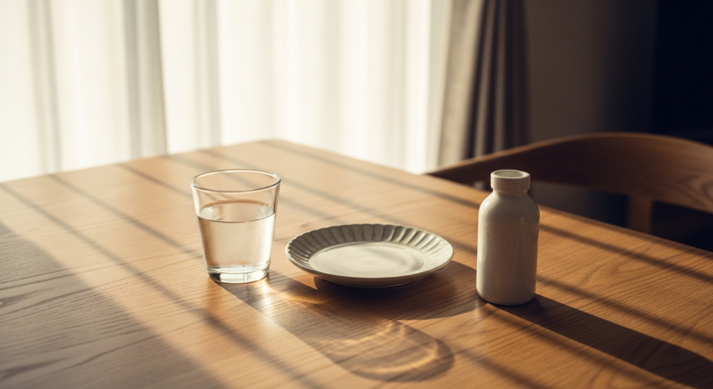 朝の食卓に置かれた水のグラスとサプリ