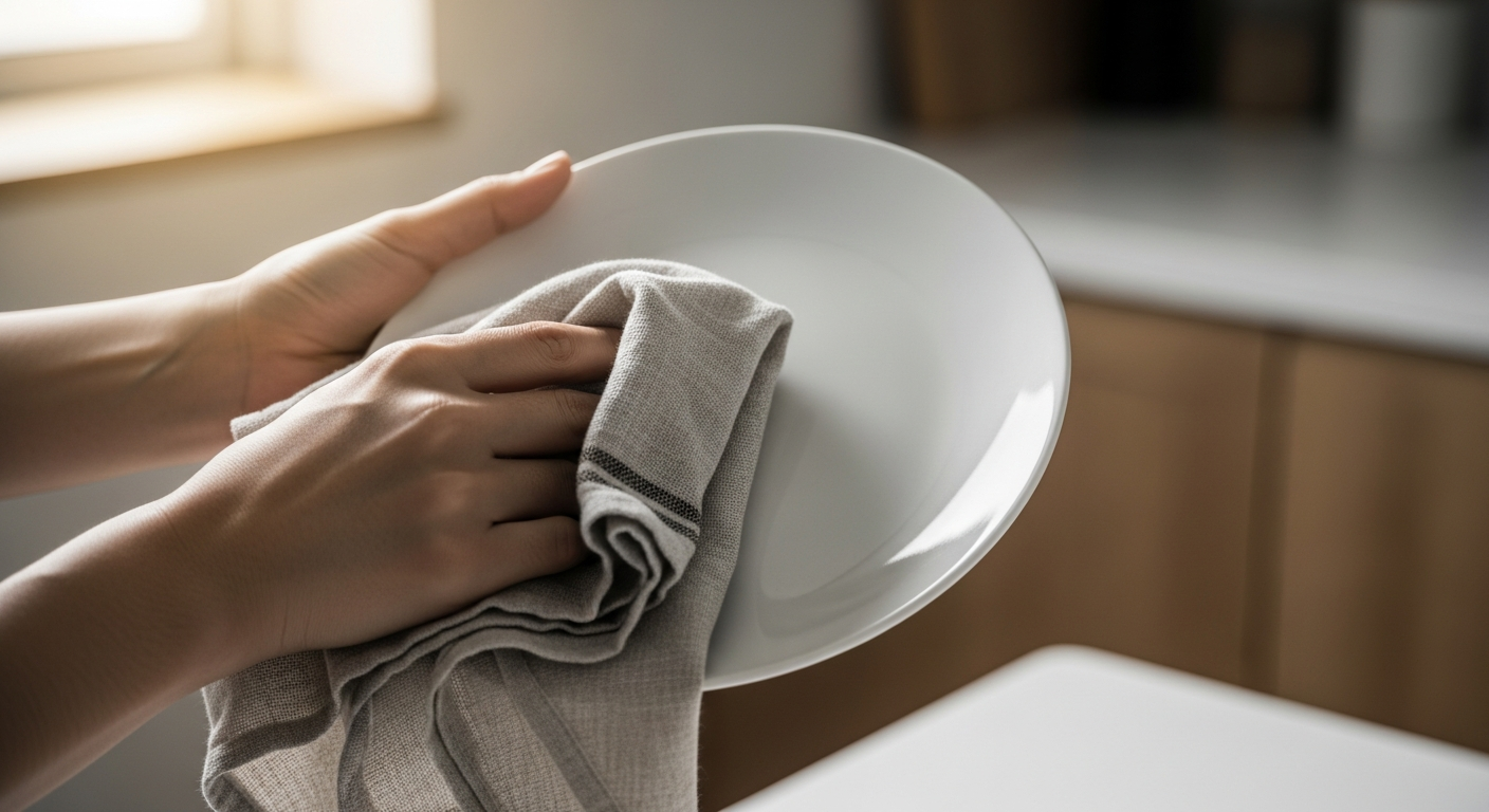 洗い上がりの食器を拭き上げる手元